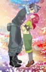  1boy 1girl alain_(pokemon) black_hair blue_eyes closed_eyes couple fingerless_gloves gloves hetero highres incipient_kiss kanaria_(dororotree) long_hair looking_at_another manon_(pokemon) pantyhose pokemon pokemon_(anime) redhead short_hair tiptoes 