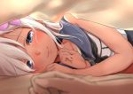 1girl bare_arms bare_shoulders black_swimsuit blanket blonde_hair blurry blush closed_mouth dark_skin depth_of_field futon hair_ornament hairpin half-closed_eyes hands kantai_collection looking_at_viewer lying neckerchief on_side one-piece_swimsuit pov pov_hands ro-500_(kantai_collection) sailor_collar shirt sleeveless sleeveless_shirt smile solo_focus swimsuit tan tanline umakuchi_shouyu_(into-rain) under_covers upper_body white_shirt wristband 