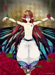 1boy abs amaguri1207 artist_name barefoot blood butterfly_wings crown flower gloxinia green_eyes highres leaf long_hair nanatsu_no_taizai pointy_ears redhead rose shirtless solo tattoo thorns very_long_hair wings 