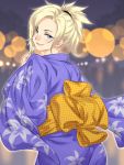  1girl back blonde_hair blue_eyes commentary_request eyeliner japanese_clothes kimono looking_at_viewer looking_back makeup mercy_(overwatch) overwatch ponytail smile solo summer_festival taka-michi yukata 