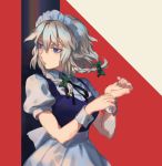  1girl apron black_ribbon blue_eyes bow braid fingernails green_bow hair_between_eyes hair_bow hands_up izayoi_sakuya looking_to_the_side maid_headdress ribbon short_sleeves silver_hair solo touhou twin_braids waist_apron wrist_cuffs zeikomi 