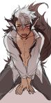  1boy animal_ears blush breath fire_emblem fire_emblem_if flannel_(fire_emblem_if) highres long_hair looking_at_viewer male_focus multicolored_hair navel open_clothes open_shirt red_eyes scar shirt solo sweat tail tongue tongue_out two-tone_hair wolf_ears wolf_tail 