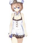  1girl bare_shoulders blanc blancpig_yryr blue_eyes blush book brown_hair hat highres looking_at_viewer neptune_(series) short_hair solo 