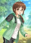  1girl akizuki_ritsuko antenna_hair braid brown_eyes brown_hair hida_tatsuo hood hooded_jacket idolmaster jacket long_hair looking_at_viewer open_mouth pants solo track_pants 