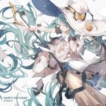  1girl absurdly_long_hair broom collarbone garter_straps green_eyes green_hair hat hatsune_miku holding long_hair looking_at_viewer md5_mismatch nine_(liuyuhao1992) smile solo twintails very_long_hair vocaloid white_legwear witch_hat 