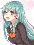  1girl aqua_eyes aqua_hair blazer blush breasts chiune_(yachi) commentary_request hair_ornament hairclip jacket kantai_collection long_hair looking_at_viewer open_mouth school_uniform simple_background solo suzuya_(kantai_collection) 