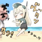  2girls beach blurry blush_stickers chibi commentary_request dancing depth_of_field engiyoshi garrison_cap hat horizon i-58_(kantai_collection) kantai_collection long_hair looking_at_viewer multiple_girls ocean outdoors pink_hair silver_hair sketch snorkel translation_request u-511_(kantai_collection) 