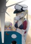  2girls absurdres arm_at_side artist_request beach_umbrella blonde_hair breasts chin_rest crab cup graf_zeppelin_(kantai_collection) hair_between_eyes hat highres jacket kantai_collection large_breasts looking_at_viewer midriff military_hat multiple_girls one_eye_closed open_clothes open_jacket open_mouth peaked_cap ro-500_(kantai_collection) sidelocks sitting table tan teacup track_jacket twintails umbrella 