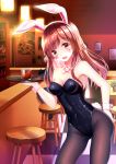 1girl alcohol alternate_costume animal_ears ass_visible_through_thighs bangs bar bare_shoulders black_leotard blush breasts brown_eyes brown_hair bunny_girl bunny_tail bunnysuit checkered checkered_floor choker cleavage counter covered_navel cowboy_shot cup d.va_(overwatch) drink drinking_glass eyebrows eyebrows_visible_through_hair facepaint facial_mark fake_animal_ears flower flower_pot frame glass groin hand_on_ass hand_on_hip hand_up highleg highleg_leotard holding holding_tray ice ice_cube indoors ju_topia leaning_to_the_side legs_apart leotard long_hair looking_at_viewer medium_breasts open_mouth overwatch pantyhose photo_(object) plant poster_(object) rabbit_ears shiny shiny_clothes smile soldier:_76_(overwatch) solo sparkle standing stool strapless strapless_leotard table tail tray whisker_markings whiskey wrist_cuffs 