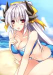  1girl adapted_costume alternate_costume bare_arms bare_shoulders beach bikini blue_bikini blue_swimsuit breast_hold breasts cleavage collarbone commentary_request fate/grand_order fate_(series) hair_between_eyes hand_on_own_chest horns kiyohime_(fate/grand_order) large_breasts long_hair looking_at_viewer navel open_mouth outdoors red_eyes ryokushiki_(midori-ya) sand silver_hair solo swimsuit water 