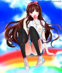  1girl arm_at_side arm_support ass bangs black_legwear blue_skirt blue_sky breasts brown_eyes brown_hair bubble_blowing bubblegum bunny_print buttons chu_(huaha1320) clouds cloudy_sky cross-laced_footwear d.va_(overwatch) emblem eyebrows eyebrows_visible_through_hair eyelashes facial_mark facial_tattoo gum hair_ribbon hairband hand_in_hair hand_up knees_up logo long_hair looking_to_the_side overwatch panties pantyshot pantyshot_(sitting) pleated_skirt rainbow ribbon shirt shoes short_sleeves sitting skirt sky small_breasts sneakers solo tattoo thigh-highs unbuttoned underwear watermark web_address whisker_markings white_panties white_shirt 