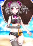  1girl bikini blue_moment blush drill_hair elbow_gloves gloves gothic_lolita highres idolmaster idolmaster_cinderella_girls kanzaki_ranko lolita_fashion long_hair open_mouth parasol red_eyes shore silver_hair single_glove solo swimsuit thigh-highs twin_drills twintails umbrella 