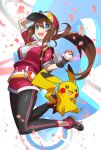  1girl bad_id bad_pixiv_id baseball_cap blue_eyes female_protagonist_(pokemon_go) fingerless_gloves gloves hat highres holding holding_hat leggings long_hair petals pikachu poke_ball poke_ball_(basic) pokemon pokemon_(creature) pokemon_(game) pokemon_go ponytail saitou_naoki solo very_long_hair 