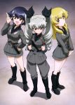  3girls absurdres anchovy boots carpaccio girls_und_panzer highres knife military military_vehicle multiple_girls necktie official_art pepperoni_(girls_und_panzer) riding_crop short_hair skirt smile twintails uniform weapon 