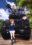  3girls absurdres fury_(movie) girls_und_panzer ground_vehicle gun highres kay_(girls_und_panzer) m4_sherman machine_gun military military_vehicle motor_vehicle multiple_girls nishizumi_maho nishizumi_miho official_art one_eye_closed saluting short_hair siblings sisters skirt smile tank weapon 