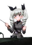  1girl absurdres anchovy girls_und_panzer grey_hair ground_vehicle highres military military_vehicle motor_vehicle official_art simple_background tank twintails uniform weapon white_background 