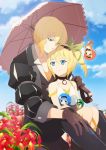  1boy 1girl blonde_hair blue_eyes brother_and_sister choker coat edna_(tales) eizen_(tales) gloves hair_ribbon hairband normin_(tales) ribbon shirt short_hair siblings side_ponytail sitting sitting_on_lap sitting_on_person smile tales_of_(series) tales_of_berseria tales_of_zestiria umbrella 