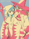  2girls black_mage black_mage_(cosplay) blonde_hair blue_eyes blue_hair brown_eyes final_fantasy hat hat_tip hood kantai_collection kumano_(kantai_collection) limited_palette long_hair long_sleeves looking_to_the_side multiple_girls muted_color smile staff standing suzuya_(kantai_collection) translation_request white_mage white_mage_(cosplay) wide_sleeves wizard_hat yukataro 