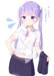  1girl blush commentary_request dress_shirt flower formal hair_flower hair_ornament long_hair looking_at_viewer navel new_game! open_mouth purple_hair see-through shirt skirt skirt_suit solo suit suzukaze_aoba tousaki_shiina translation_request twintails violet_eyes wet wet_clothes 