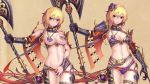  1girl absurdres armor ass_visible_through_thighs asymmetrical_clothes bikini_armor blonde_hair blush covering detached_collar highres looking_at_viewer navel parted_lips poleaxe senteiou short_hair spaulders thigh_strap vambraces violet_eyes 