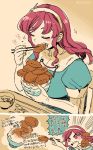  1girl ashigara_(kantai_collection) bowl closed_eyes comic croquette eating kantai_collection limited_palette pink_eyes pink_hair rice solo translation_request twitter_username yukataro 