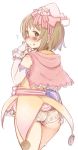  1girl 7010 ass blush brown_hair hat idolmaster idolmaster_cinderella_girls looking_at_viewer looking_back mimura_kanako no_pants panties short_hair simple_background solo underwear white_background white_panties 