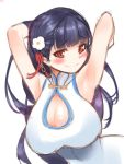  1girl armpits arms_behind_head arms_up azur_lane bangs bare_arms bare_shoulders black_hair blunt_bangs breasts chemical_dragon china_dress chinese_clothes cleavage cleavage_cutout closed_mouth dress eyebrows eyebrows_visible_through_hair facing_away flower hair_flower hair_ornament long_hair looking_at_viewer red_eyes simple_background sleeveless sleeveless_dress smile solo turtleneck upper_body white_background white_dress yat_sen_(azur_lane) 
