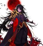  1boy black_hair blood_mage_(dungeon_and_fighter) coat coattails dungeon_and_fighter fingerless_gloves gloves hair_over_one_eye long_hair male_focus male_mage_(dungeon_and_fighter) moon official_art open_clothes open_coat outstretched_arms purple_skin red_moon solo waistcoat 
