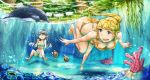  2girls absurdres air_bubble barefoot black_hair blonde_hair breath bubble coral dolphin fish freediving highres holding_breath long_hair makarony multiple_girls original puffy_cheeks swimsuit tied_hair underwater water 