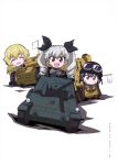  3girls absurdres anchovy carpaccio carro_armato_p40 carro_veloce_cv-33 chibi flag girls_und_panzer grey_hair ground_vehicle highres military military_vehicle motor_vehicle multiple_girls official_art pepperoni pepperoni_(girls_und_panzer) self-propelled_gun semovente_75/18 short_hair simple_background tank twintails uniform weapon white_background white_flag 
