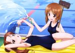  2girls absurdres armpits bare_shoulders blush breasts broom brown_eyes brown_hair cleaning_brush collarbone copyright_name covered_navel drain_(object) empty_pool flat_chest food girls_und_panzer highres hose inflatable_raft kadotani_anzu logo lying multiple_girls nishizumi_miho official_art on_back one-piece_swimsuit pool poolside popsicle scan school_swimsuit school_uniform shiny shiny_hair summer swimsuit tongue tongue_out twintails water yoshida_nobuyoshi 