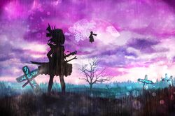  2girls akyuun bare_tree clouds cloudy_sky cross flying grass hair_ribbon konpaku_youmu light_particles multiple_girls outdoors rain ribbon saigyouji_yuyuko saigyouji_yuyuko&#039;s_fan_design short_hair silhouette sky standing sword touhou tree weapon 