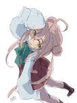  1girl 2016 4suke ahoge aqua_bow artist_name bangs black_boots blush boots bow dated double_bun dutch_angle glasses grey_legwear hair_between_eyes kantai_collection leaning_back long_hair long_sleeves makigumo_(kantai_collection) open_mouth pantyhose pink_hair red_skirt school_uniform simple_background skirt sleeves_past_wrists smile solo standing white_background yellow_eyes 