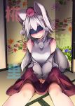  1girl aki_(akikaze_asparagus) animal_ears bare_shoulders blindfold hat head_tilt inubashiri_momiji light_smile short_hair silver_hair sitting solo tail tokin_hat touhou wolf_ears wolf_tail 