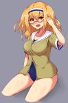  1girl bespectacled blush breasts glasses hairband hakuhou_(ende_der_welt) highres i-26_(kantai_collection) jacket kantai_collection large_breasts light_brown_eyes light_brown_hair long_hair new_school_swimsuit open_mouth sailor_collar school_swimsuit semi-rimless_glasses short_sleeves smile solo swimsuit swimsuit_under_clothes two_side_up 
