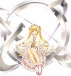  1girl blade blonde_hair capelet dress drill_hair frilled_dress frills hairband highres hiko_(hiko224556) legs_together lolita_fashion lolita_hairband long_hair looking_at_viewer original pink_eyes sitting solo twintails very_long_hair 