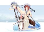  2girls :d ball beachball bikini black_ribbon blue_eyes bow brown_eyes brown_hair character_name closed_mouth dated flat_chest full_body hat hat_bow hat_ribbon kantai_collection kneeling leaning_forward looking_at_viewer multiple_girls navel nazi_flag open_mouth ribbon sailor_bikini sailor_collar sailor_hat sandals short_hair short_hair_with_long_locks side-tie_bikini sidelocks silver_hair smile standing striped swastika swimsuit touzai_(poppin_phl95) turret white_bikini white_hat wrist_cuffs z1_leberecht_maass_(kantai_collection) z3_max_schultz_(kantai_collection) z3_max_schultz_(kantai_collection)_(cosplay) 
