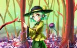  1girl blouse forest frilled_sleeves frills green_eyes green_hair hand_on_own_arm hat hat_ribbon head_tilt index_finger_raised komeiji_koishi light_particles looking_at_viewer nature ribbon rose_print short_hair signature skirt smile solo third_eye touhou u-eruto wide_sleeves 