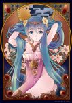  1girl 2016 adjusting_hair art_nouveau blue_eyes blue_hair circlet crescent_moon dated flower hair_flower hair_ornament hatsune_miku highres izumishibo lily_(flower) long_hair looking_at_viewer medallion moon solo twintails vocaloid 