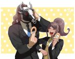  1boy 1girl asahina_aoi blue_necktie closed_eyes dangan_ronpa dangan_ronpa_3 doughnut food formal great_gozu himduldago long_hair muscle necktie polka_dot polka_dot_background ponytail signature simple_background smile suit upper_body wrestling_mask yellow_background yellow_necktie 