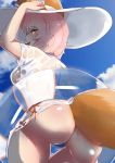  1girl absurdres adjusting_clothes adjusting_hat animal_ears ass bad_anatomy bad_perspective bent_over blue_panties blush caster_(fate/extra) cowboy_shot fate/extra fate/grand_order fate_(series) fox_ears fox_girl fox_tail hat highres innertube looking_at_viewer looking_back panties pink_hair see-through senbon_tsuki shiny shiny_skin shirt short_hair short_sleeves side-tie_panties solo tail thigh_gap tongue tongue_out underwear wet wet_clothes wet_shirt white_hat white_shirt yellow_eyes 