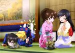  3girls :d absurdres ahoge black_hair blush brown_hair clenched_teeth closed_eyes denpa detexted falling floral_print flower girls_und_panzer grimace hands_together highres ikebana indoors isuzu_hana japanese_clothes kawashima_momo kimono koyama_yuzu legs_up long_hair looking_at_another lying monocle multiple_girls o_o obi official_art on_stomach open_mouth ponytail sash scan seiza short_hair sitting smile tabi tatami tears teeth trembling wince yoshida_nobuyoshi 