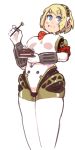  1girl aegis aegis_(persona) android armor blonde_hair blue_eyes blush_stickers bodysuit bow bowtie cake eating food fork full_body headphones inkerton-kun mechanical_arm parts_exposed persona persona_3 red_bow red_bowtie robot_joints s.e.e.s silverware solo 