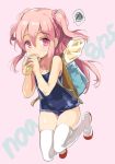  1girl backpack bag baguette bread character_name dated eating emily_(pure_dream) food long_hair one-piece_swimsuit pan_de_peace! pink_eyes pink_hair sakura_noa school_swimsuit scrunchie shoes solo spoken_squiggle squiggle swimsuit thigh-highs twintails two_side_up uwabaki white_legwear 