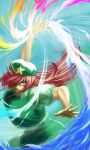  1girl blue_eyes braid breasts chinese_clothes fighting_stance grin hair_over_one_eye hat hong_meiling koyubi_(littlefinger1988) large_breasts long_hair powering_up puffy_short_sleeves puffy_sleeves redhead short_sleeves side_braids smile solo star touhou twin_braids 
