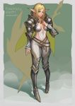  1girl armor armored_boots ass_visible_through_thighs belt boots breasts chainmail elf fantasy_earth green_eyes high_heel_boots high_heels highres long_hair looking_at_viewer mole mole_under_eye pauldrons pointy_ears ribbon skin_tight solo vambraces 