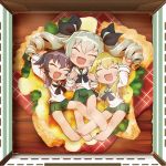  3girls ^_^ alternate_costume anchovy barefoot black_hair blonde_hair cacio_e_pepe carpaccio chaki_(teasets) closed_eyes drill_hair fang food food_request girls_und_panzer hair_ribbon in_food lying midriff multiple_girls navel open_mouth pepperoni_(girls_und_panzer) pizza_box pleated_skirt ribbon school_uniform silver_hair skirt twintails 