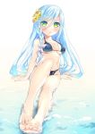  1girl :o arm_support barefoot bikini black_bikini blue_hair blush breasts collarbone feet green_eyes hair_ornament highres legs long_hair looking_at_viewer original partially_submerged shiny shiny_skin sitting soaking_feet solo swimsuit toenails toes very_long_hair yukiuta_sahiro 