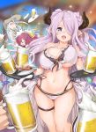  3girls ahoge alcohol anna_(granblue_fantasy) bare_shoulders beer beer_mug bikini blood blue_eyes blue_hair blush bouncing_breasts breasts closed_eyes demon_horns doraf dress earrings food front-tie_top granblue_fantasy hair_ornament hair_over_one_eye hands hat highres horns ikayaki jewelry katoo_hironobu large_breasts lavender_hair long_hair looking_at_viewer lyria_(granblue_fantasy) multiple_girls narumeia_(granblue_fantasy) open_mouth pointy_ears pov_hands redhead smile spilling swimsuit thigh_strap tray white_bikini 