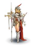  armor artist_request balance_scale belt blonde_hair boots breastplate cape gauntlets green_eyes high_heel_boots high_heels highres looking_at_viewer polearm spaulders weapon weighing_scale 